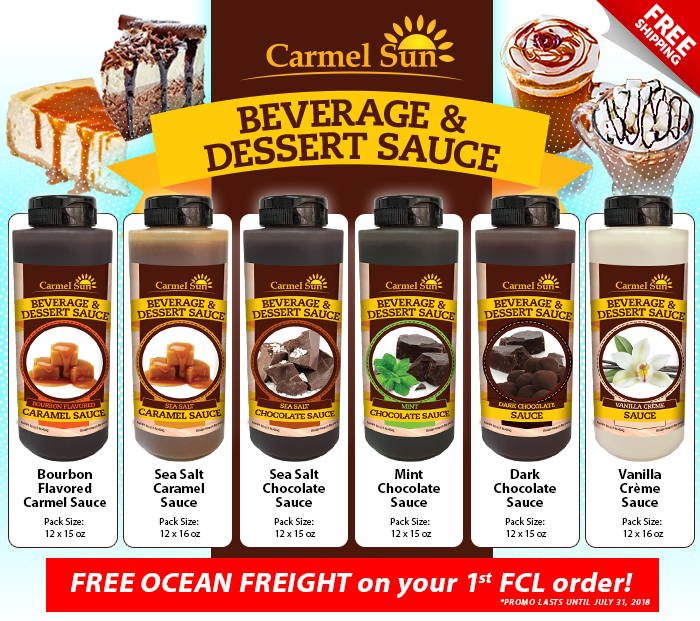 Free Ocean Freight on your 1st Carmel Sun Beverage & Dessert Sauce order!